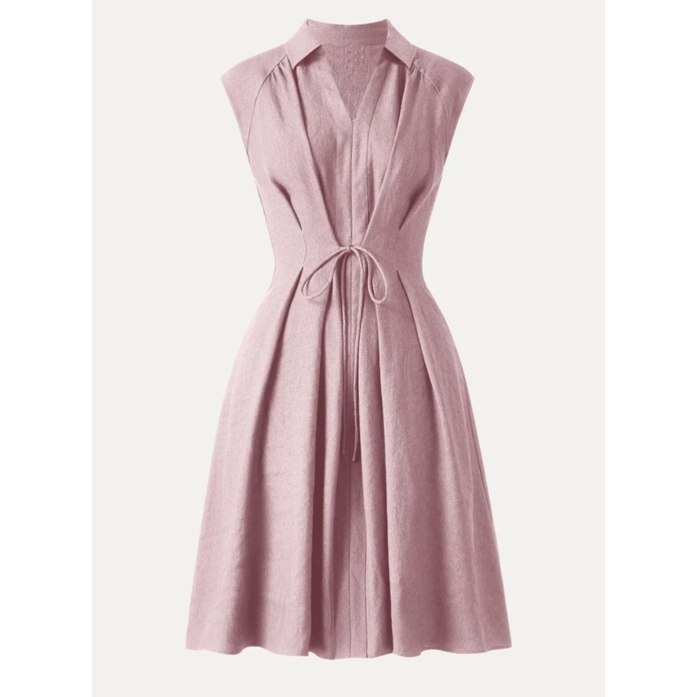 OGL Viscose-Linen Collared V Neck Midi Dress Women S Soft Pink Casual Chic NWT